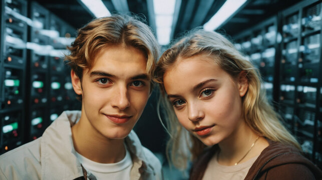 Two teenagers, ages 15-17, both blonde, Caucasian, in server room or computer lab, portraying roles like AI specialists, IT personnel, programmers, or hackers, surrounded by computers and hardware