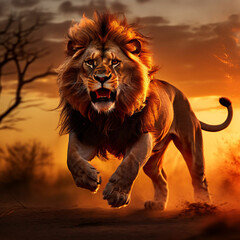 wild lion running in the dusk savanna 