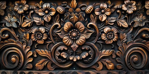 An attractive and ornate wooden wall in a style that merges focus stacking, dark bronze tones, intricate foliage, and rounded elements.