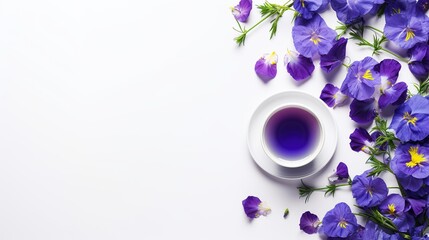 Cup with blue tea and bag with dried butterfly pea flowers on light background