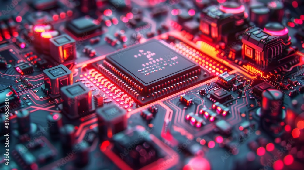 Poster a detailed closeup image of a computer motherboard illuminated with red and pink lights, highlightin