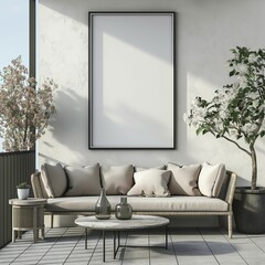 Black border frame mockup, balcony home interior with cozy sofa and mini table, wall frame mockup, 3D render,