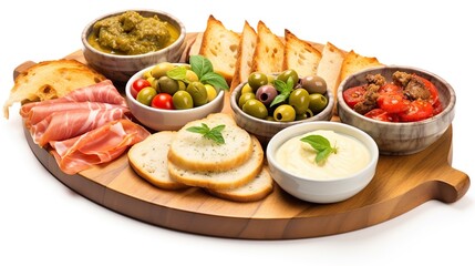 Appetizers table with different antipasti, charcuterie, snacks and cheese. Buffet party. Wooden cutting board isolated on white background, top view