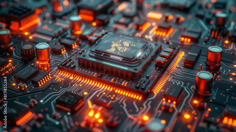 Poster a detailed close-up of a central processing unit (cpu) lit by red lights on a complex motherboard wi