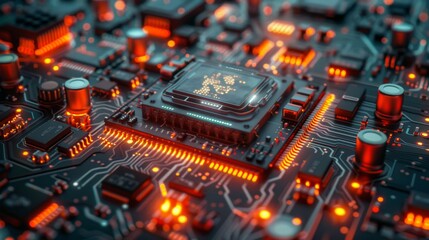 A detailed close-up of a central processing unit (CPU) lit by red lights on a complex motherboard with circuits and components