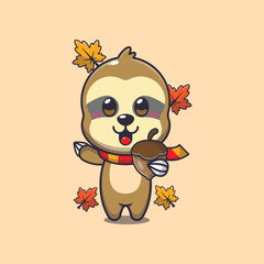 Cute sloth with acorns at autumn season.