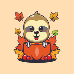 Fototapeta premium Cute sloth in a pumpkin at autumn season