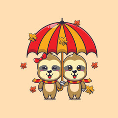 Cute couple sloth with umbrella at autumn season