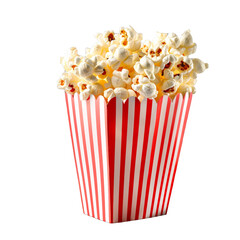 Popcorn in a red and white striped paper cup isolated on a transparent background cutout.