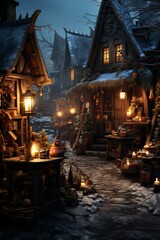 Fototapeta premium Cozy Winter Night in a Festive Village
