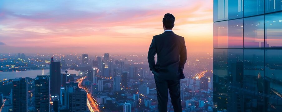 A CEO at dawn, overlooking a cityscape, commanding a global business from the top of a skyscraper, visionary and powerful