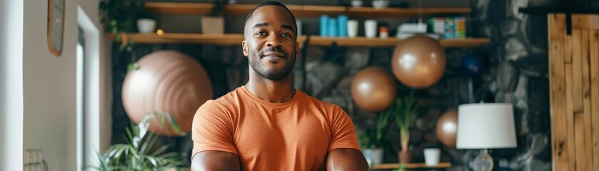 Obraz premium A sports coach offering online training sessions after gym closure, energetic and digital, in a home setting