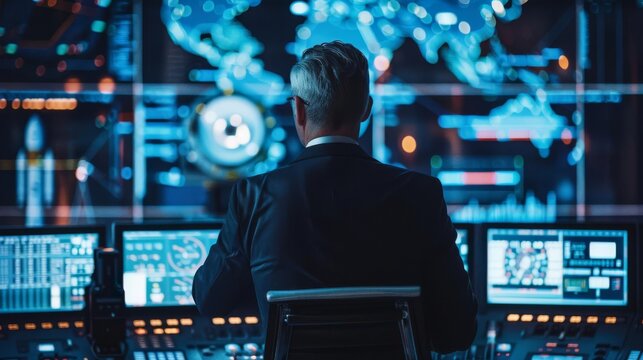 A space agency director commanding a satellite launch, watching over the mission control room, ambitious and inspiring - Powered by Adobe
