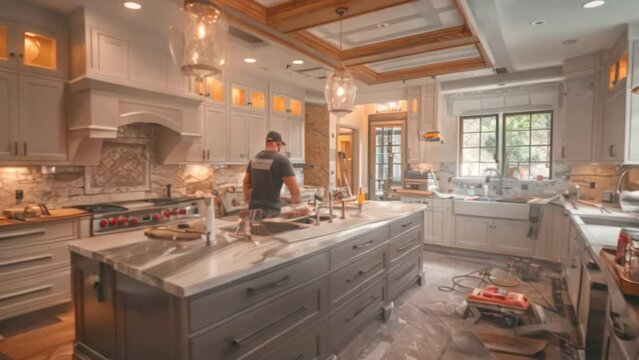 The installer installs lights in the kitchen, showing the complete kitchen set.