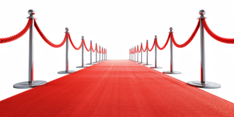 Red carpet with ropes on both sides against an transparent background, png.