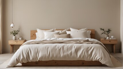 Modern minimalist bedroom with a simple, minimalist design, featuring a bed with a white linen duvet and a collection of muted-toned pillows. Close up