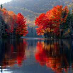 Autumn landscape with a lake is a symphony of colors and reflections. The vibrant hues of red, orange, and yellow foliage adorn the trees 