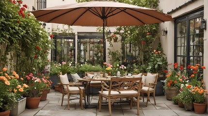 Fototapeta premium Luxury outdoor terrace with a comfortable seating area, a large umbrella, and a collection of plants and flowers. Side view