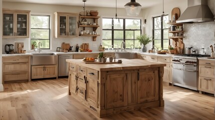 Scandinavian kitchen with a mix of modern and farmhouse elements, featuring a natural wood island, a farmhouse sink, and a collection of stainless steel appliances. Close up