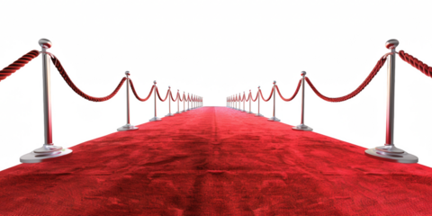 Red carpet with ropes on both sides against an transparent background, png.