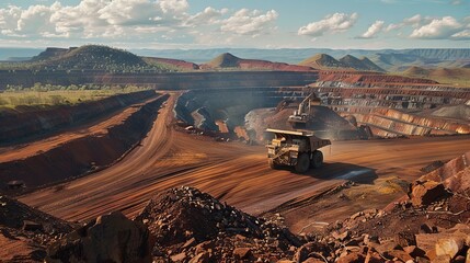 An open-pit mine with terraced layers under a blue sky with clouds A large haul truck carries dug material