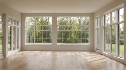 Scandinavian empty room with large windows that allow natural light to flood in. Side view