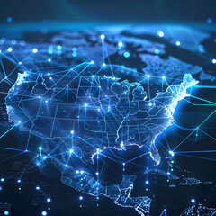 Obraz premium Digital map of USA, concept of North America global network and connectivity, data transfer and cyber technology, information exchange and telecommunication Generative AI 