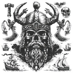 Viking elements such as skull, ship and axe in a vintage style flat monochrome set on a white background
