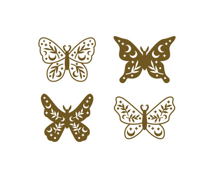 butterfly boho celestial mystic magic moon leaves star floral vector icon design illustration collections templates sets