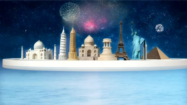 Famous landmark buildings on the sea with fireworks.