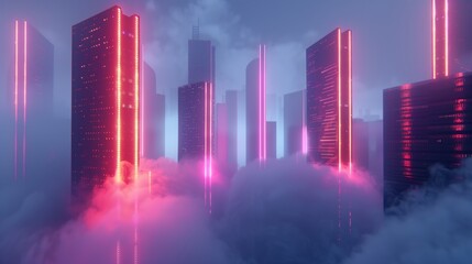 Futuristic 3D cityscape of sleek, minimalist skyscrapers, their glowing neon outlines piercing through a dense, atmospheric fog.