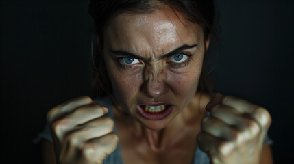 Portrait of an angry and frustrated woman clenching her fists and gritting her teeth, with dark hair and blue eyes, against a black background, focusing on detailed facial expressions of anger 