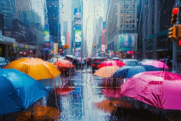 Rainy day in Time Square with colorful umbrellas