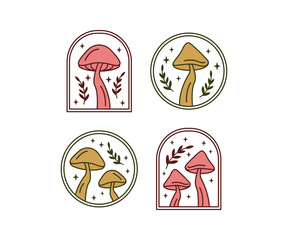 mushroom in frame boho theme style with leaves floral star vector icon design illustration 
