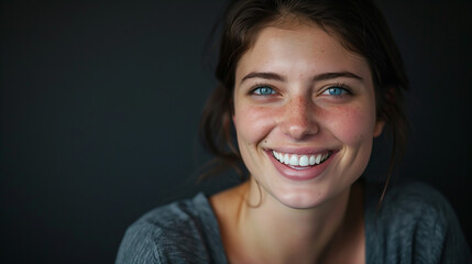 Portrait of a smiling woman with dark hair and blue eyes, standing against a black background, capturing detailed facial expressions of happiness and contentment.
