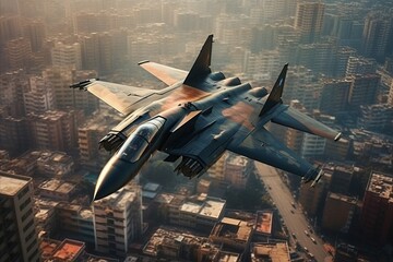 A fighter jet flies up over the city, urban scenes.