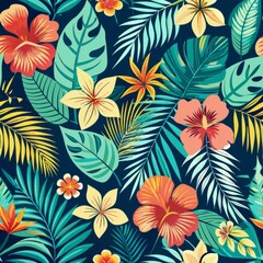 Fototapeta premium Seamless pattern of Hawaiian-inspired hibiscus and palm leaf motifs in tropical colors, perfect for a summery and beach-themed gift wrap, Generative AI