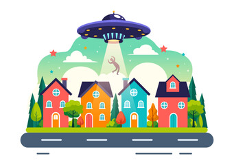 UFO Flying Spaceship Vector Illustration with Rays of Light in Sky Night City View, Abducts Human and Alien in Flat Kids Cartoon Background Design