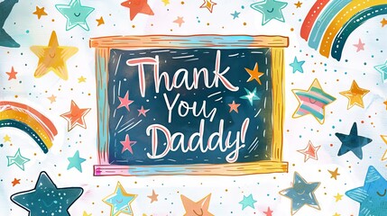 A colorful and cheerful illustration featuring a message Thank You Daddy surrounded by stars and rainbows
