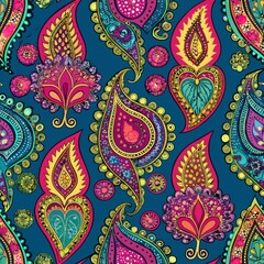 Naklejka premium Seamless pattern of intricate Indian paisley motifs in vibrant colors, evoking the richness of Indian textiles, Generative AI