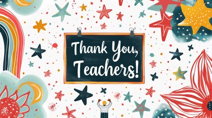 A colorful illustration featuring a Thank You, Teachers! sign surrounded by whimsical stars, flowers, and a rainbow, conveying gratitude