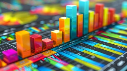 3D rendering of colorful bar graphs on grid. Abstract financial background.