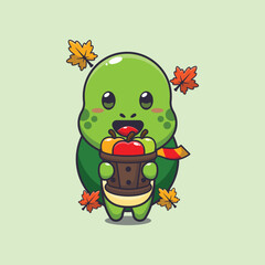 Cute turtle holding a apple in wood bucket