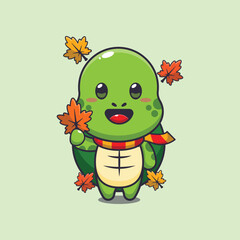 Cute turtle holding autumn leaf
