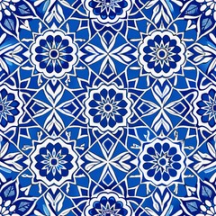  Seamless pattern of intricate Moroccan tile designs in blues and whites, adding a touch of exotic elegance to your gift wrap, Generative AI