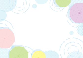 梅雨のフレーム、雨と水たまりと傘とコピースペースのあるベクターイラスト背景フレーム素材04