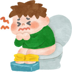 お腹が痛くてトイレで苦しむ男の子　手描きイラスト素材
