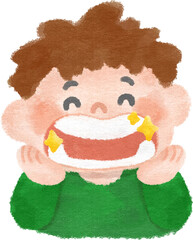笑顔で口を開けて綺麗な歯を見せている男の子　手描きイラスト素材