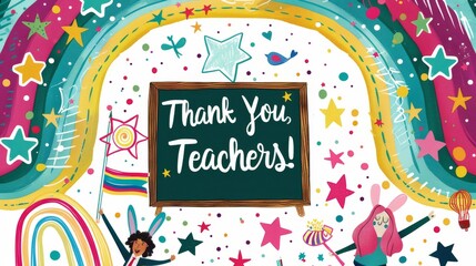 A vibrant illustration featuring the text Thank You, Teachers! surrounded by rainbows, stars, and whimsical elements