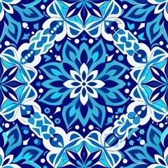  Seamless pattern of intricate Moroccan tile designs in blues and whites, adding a touch of exotic elegance to your gift wrap, Generative AI